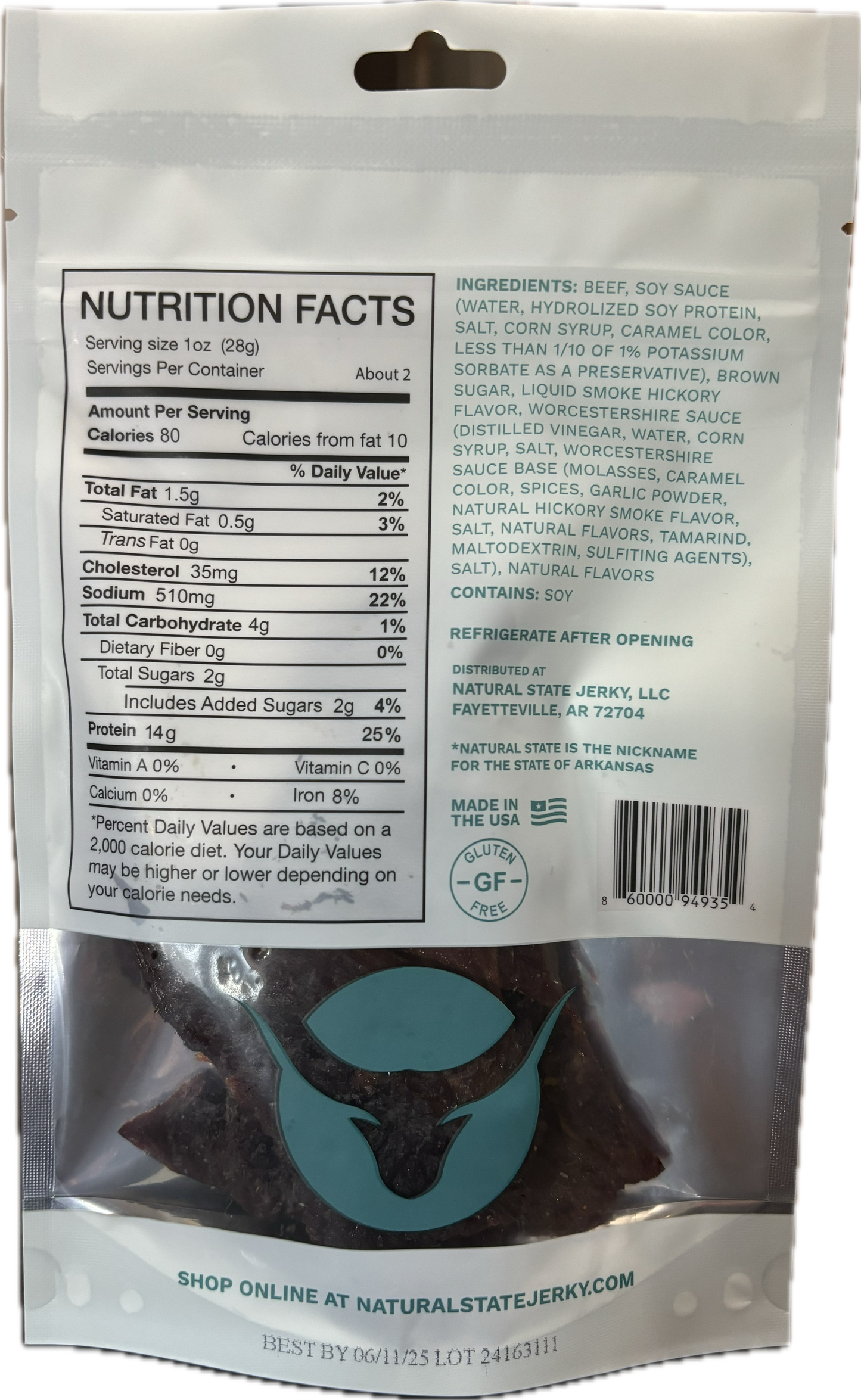 Gourmet Smokehouse Beef Jerky Back of bag with ingredients and nutrition facts