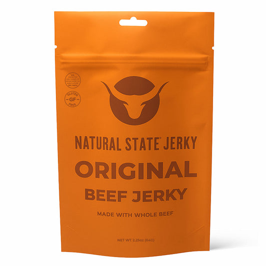 Orange package of Natural State Jerky Original Beef Jerky on a white background