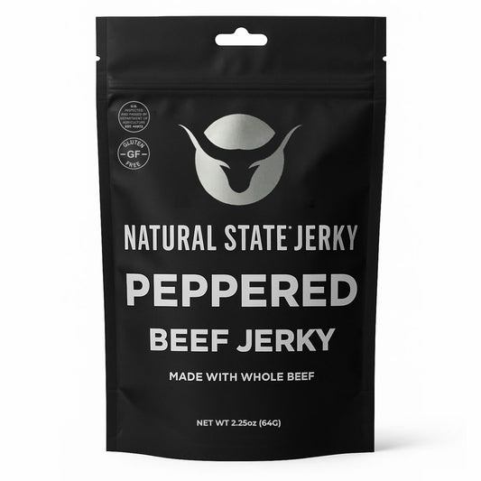 Black packaging of Natural State Jerky peppered beef jerky on a white background